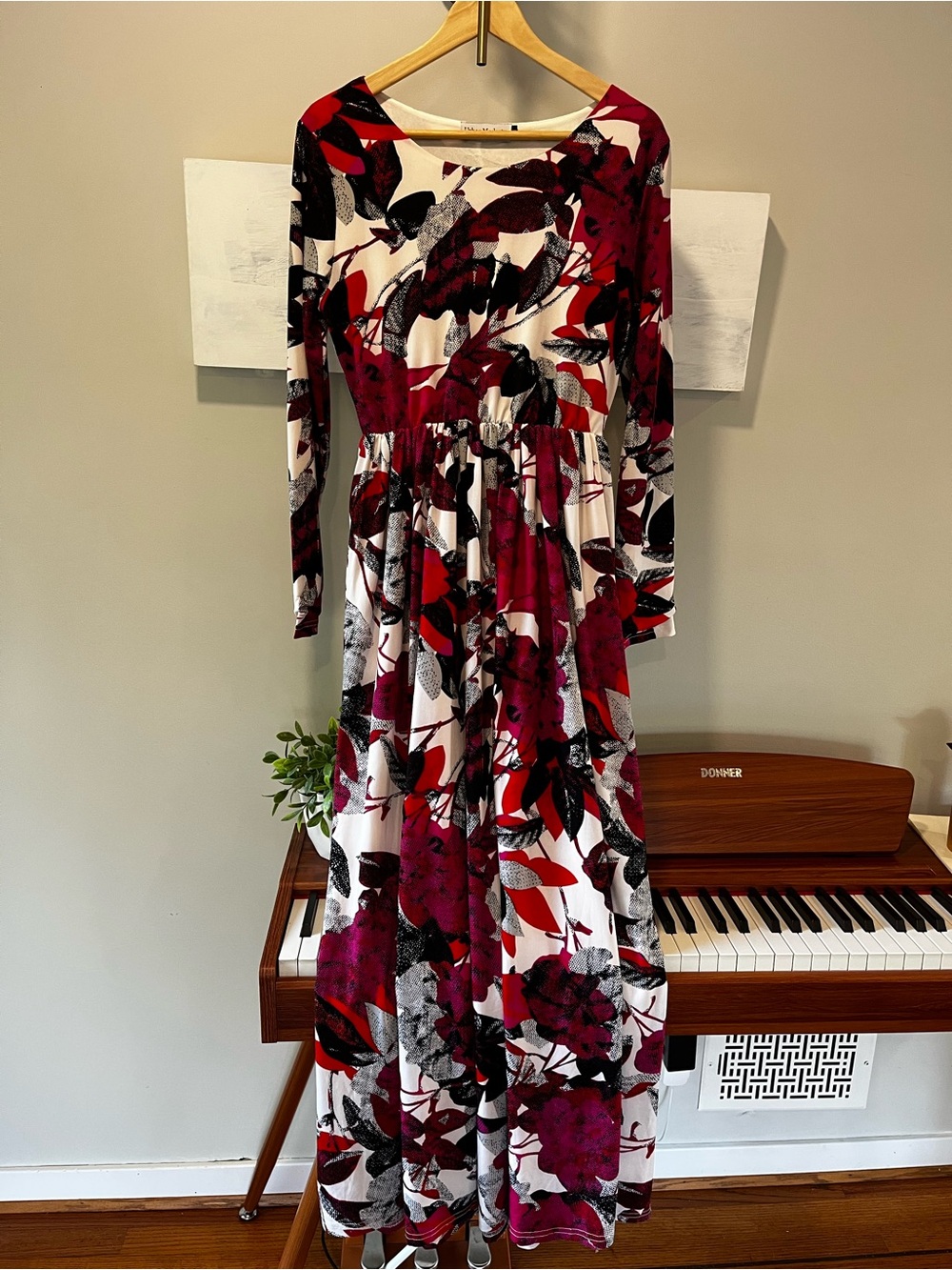 Long Sleeve Maxi Dress in Burgundy and White